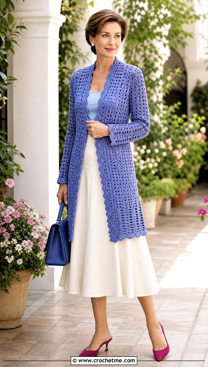 Fitted Crochet Long Jacket With an A Line Skirt - 35 crochet long jacket outfit ideas
