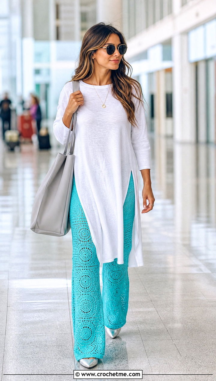 Fitted Crochet Lounge Pants With An Oversized Tunic Shirt - 30 crochet lounge pants outfit ideas