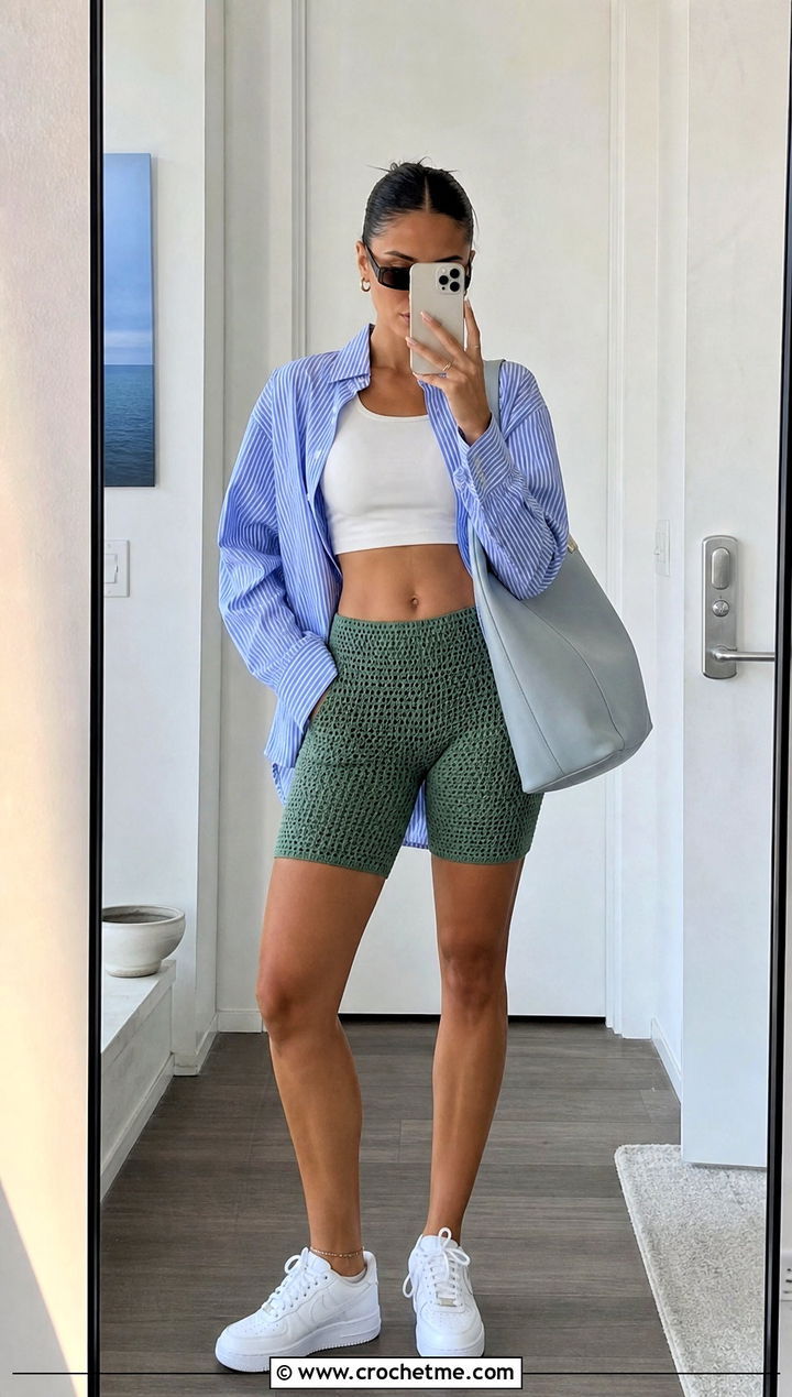 Fitted Crochet Mesh Bike Shorts With Oversized Shirt - 35 crochet mesh shorts outfit ideas