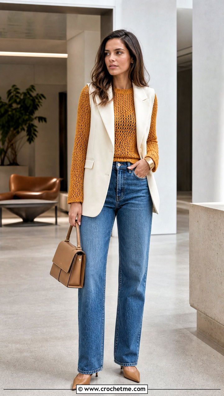 Fitted Crochet Mesh Jumper Under A Tailored Vest - 30 crochet mesh jumper outfit ideas