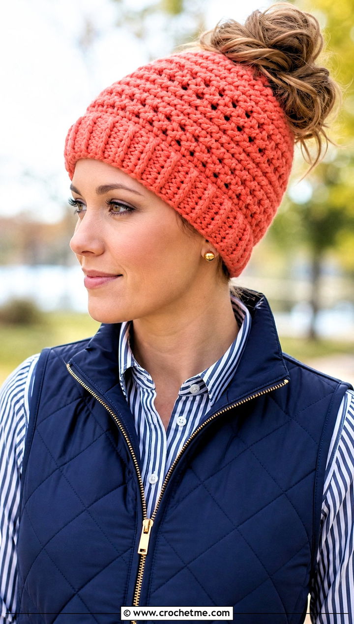 Fitted Crochet Messy Bun Hat With Quilted Vest - 20 Crochet Messy Bun Hat Bulky Yarn outfit ideas