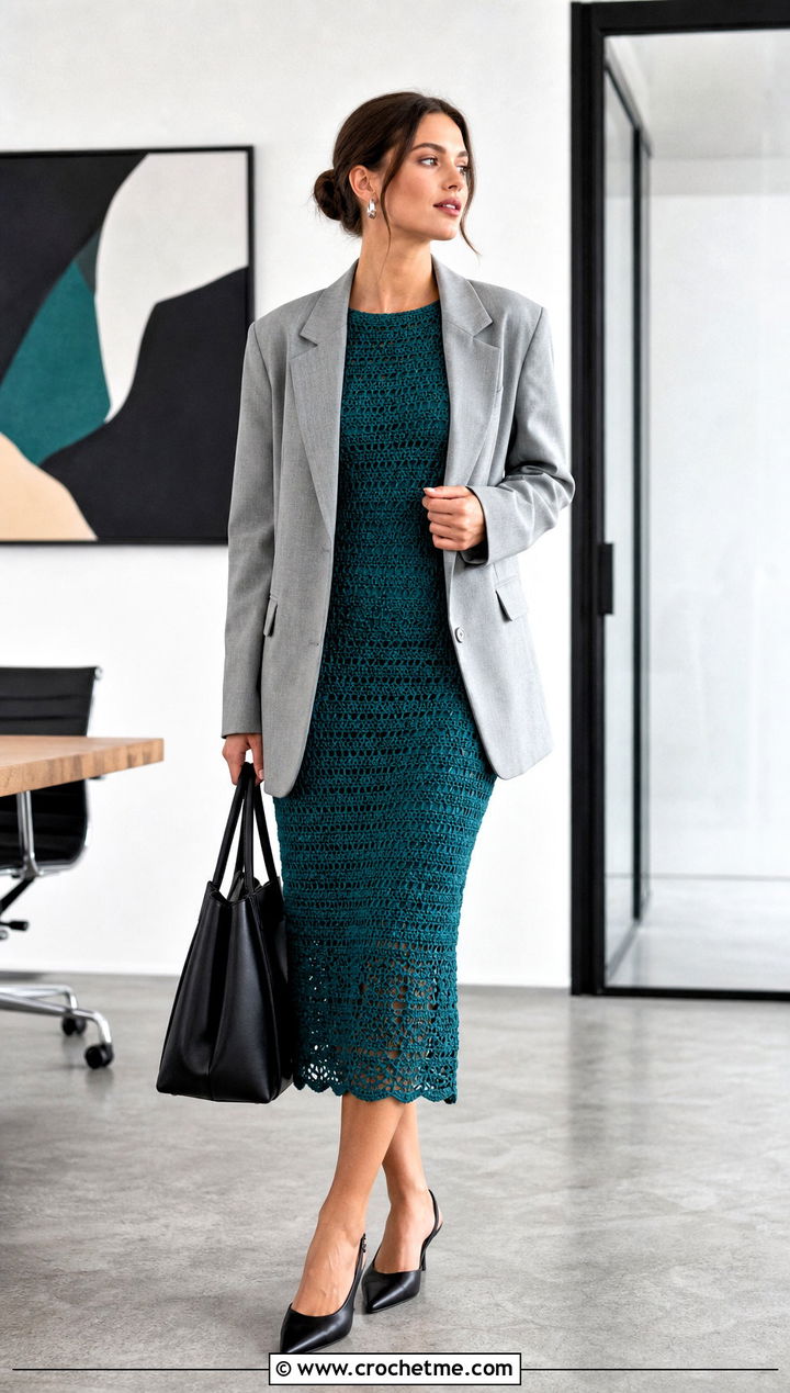 Fitted Crochet Midi Dress With Oversized Blazer - 15 Etsy Crochet Dress outfit ideas