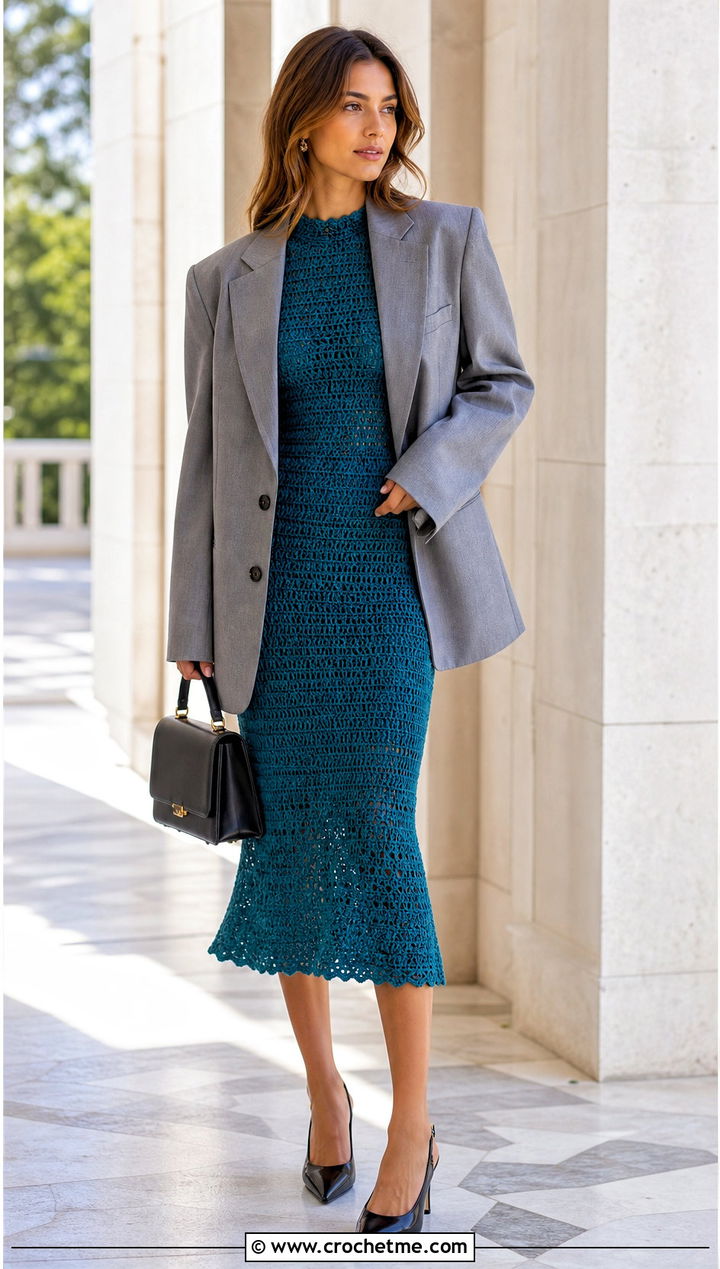 Fitted Crochet Midi Dress With Oversized Blazer - 15 dress crochet dress outfit ideas