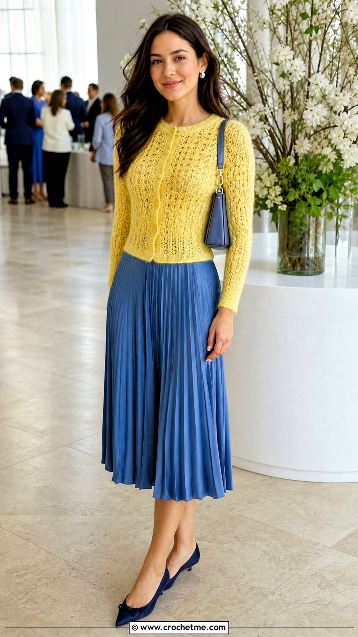 Fitted Crochet Mohair Cardigan With Pleated Skirt - 35 crochet mohair cardigan outfit ideas