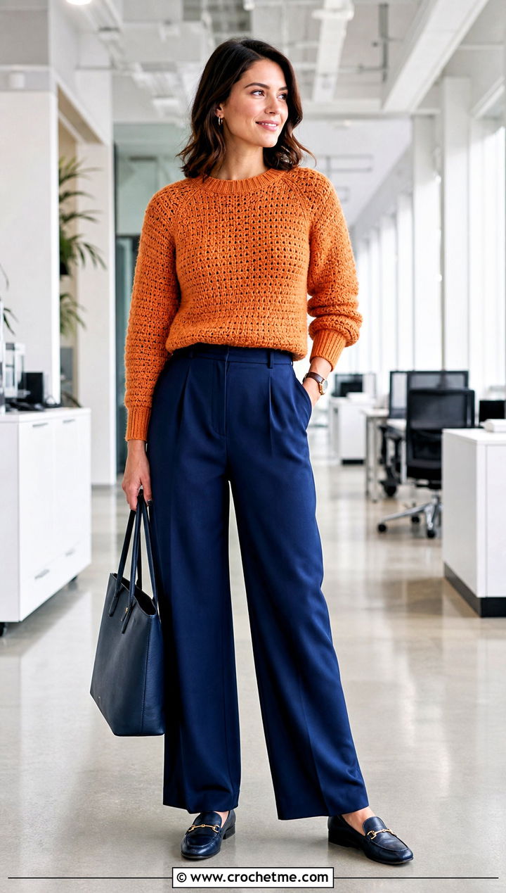Fitted Crochet Mohair Raglan Sweater With Wide Leg Suit Pants - 15 Crochet Mohair Raglan Sweater outfit ideas