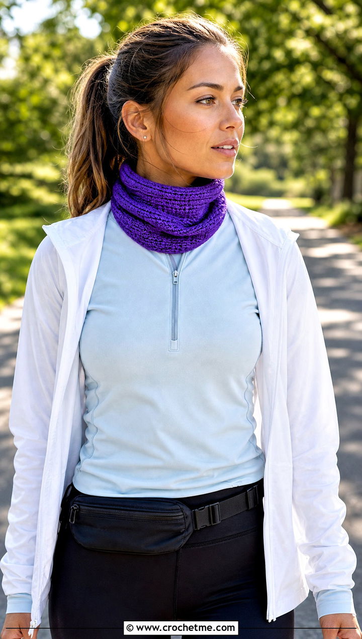 Fitted Crochet Neck Warmer With Running Jacket - 20 Crochet Tube Scarf outfit ideas