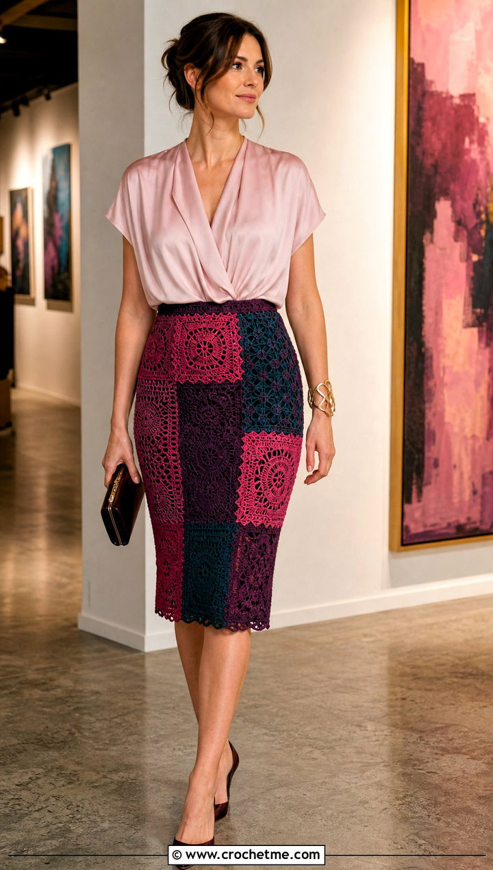 Fitted Crochet Patchwork Pencil Skirt With Silk Blouse - 30 crochet patchwork skirt outfit ideas