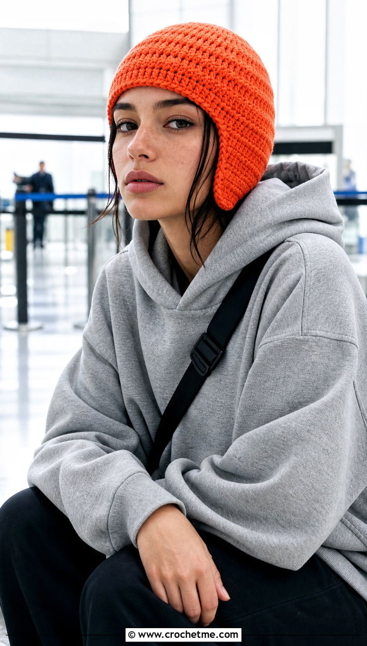 Fitted Crochet Pilot Cap With Oversized Hoodie - 30 crochet aviator hat outfit ideas