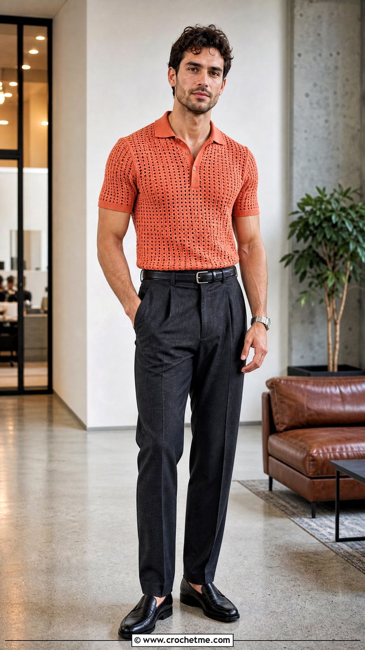Fitted Crochet Polo Shirt With Suit Trousers - 35 crochet shirt men outfit ideas