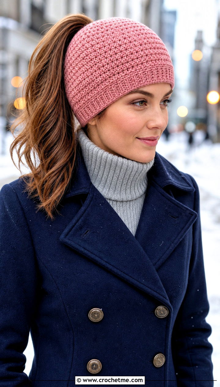 Fitted Crochet Ponytail Beanie With Peacoat And Knit Dress - 30 crochet beanie with ponytail hole outfit ideas