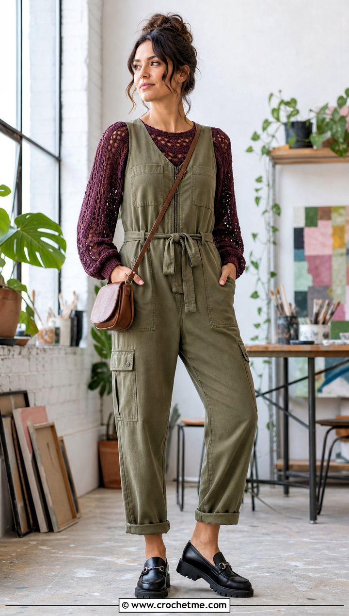 Fitted Crochet Puff Top With Utility Jumpsuit - 35 crochet puff top outfit ideas