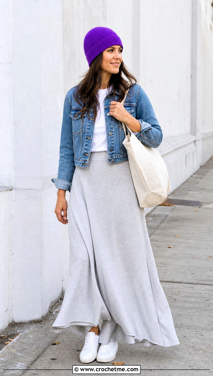 Fitted Crochet Ribbed Beanie With Denim Jacket And Maxi Skirt - 35 crochet ribbed beanie outfit ideas