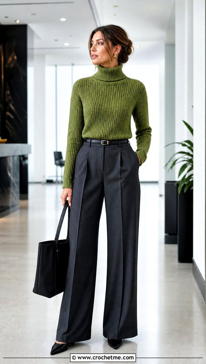 Fitted Crochet Roll Neck Sweater With Tailored Trousers - 20 Crochet Roll Neck Sweater outfit ideas