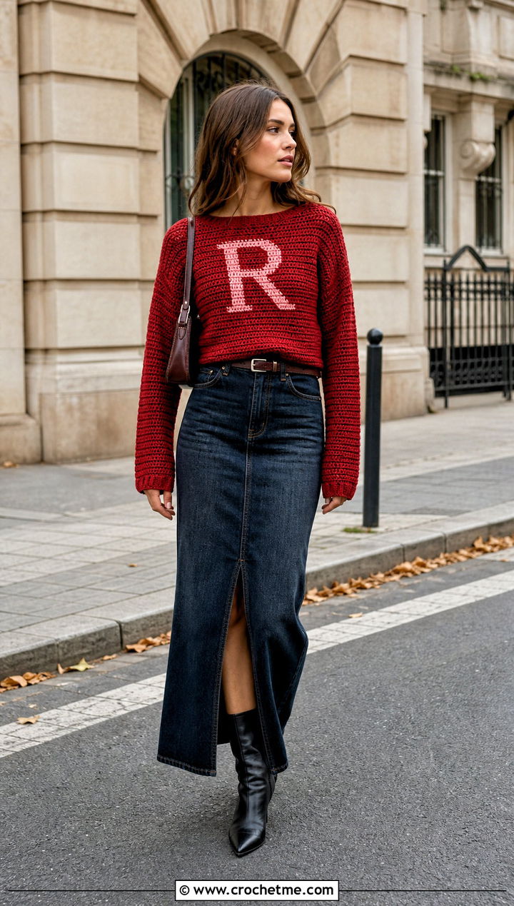 Fitted Crochet Ron Weasley Sweater With Denim Maxi Skirt - 25 Crochet Ron Weasley Sweater outfit ideas