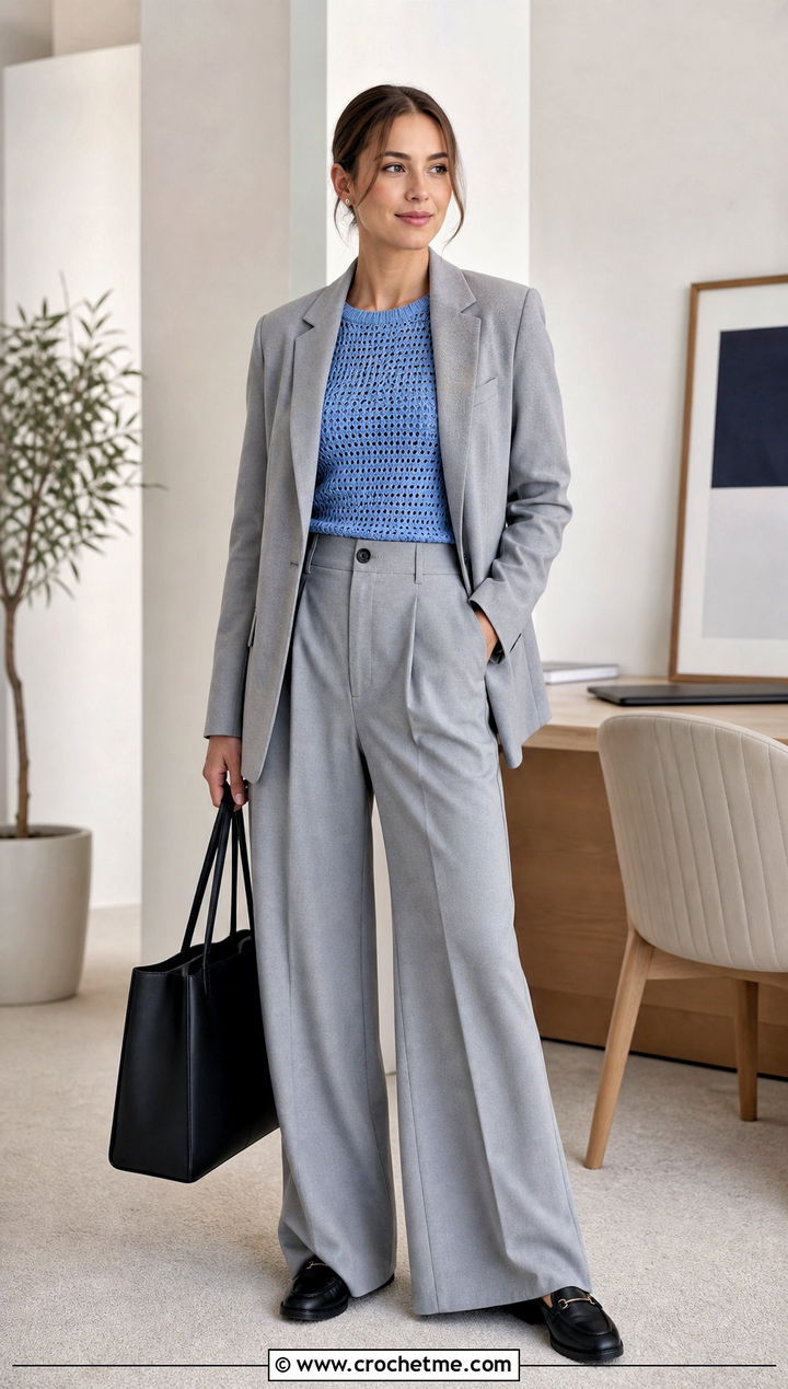 Fitted Crochet Shirt With Blazer And Trousers - 30 easy crochet shirt outfit ideas