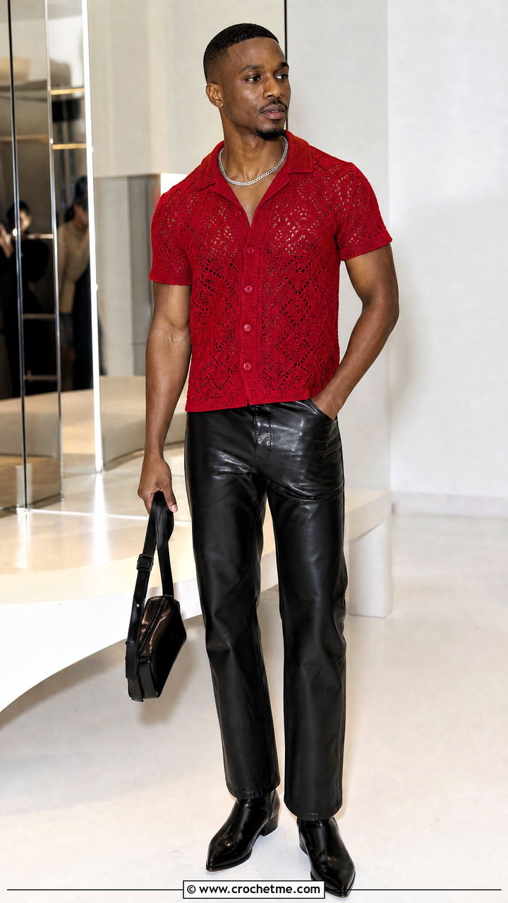 Fitted Crochet Shirt With Leather Trousers - 35 mens crochet shirt outfit ideas
