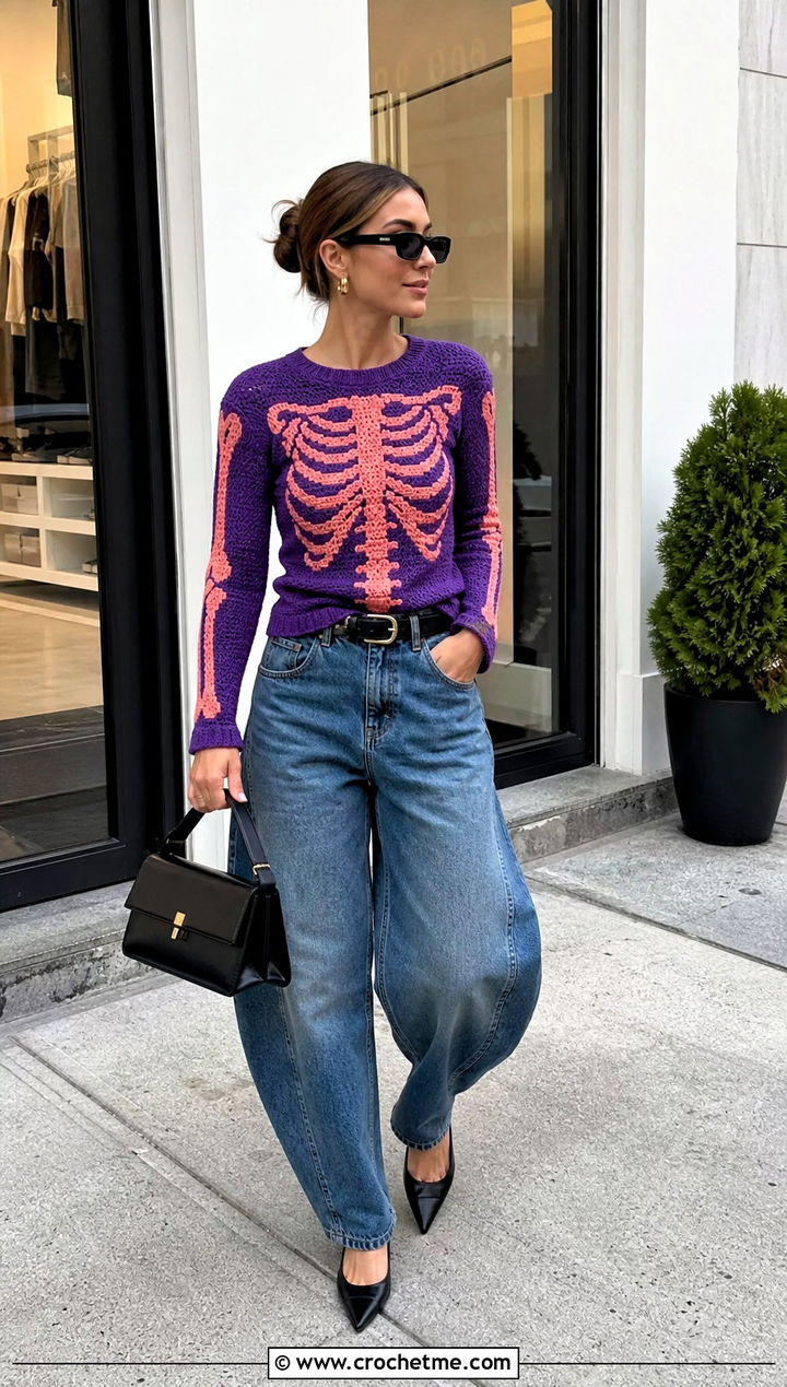 Fitted Crochet Skeleton Sweater With Barrel Jeans - 30 Crochet Skeleton Sweater outfit ideas