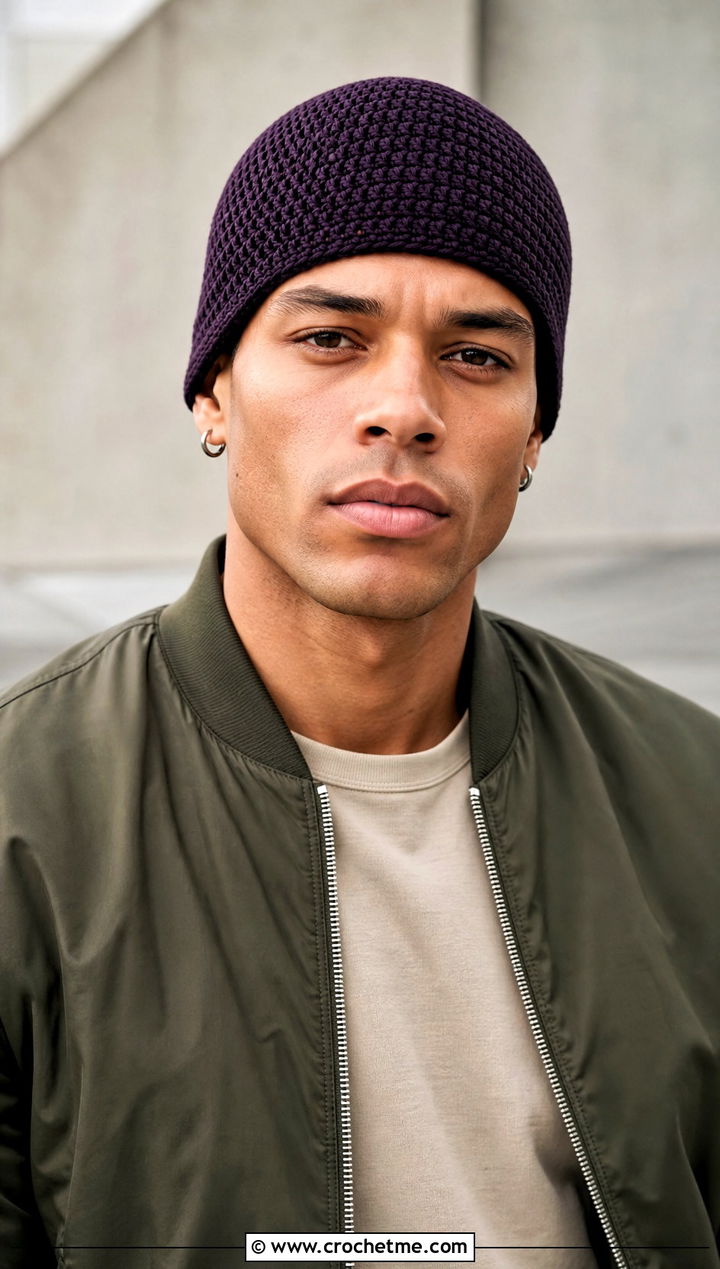 Fitted Crochet Skull Beanie With Bomber Jacket - 25 crochet for men's beanies outfit ideas