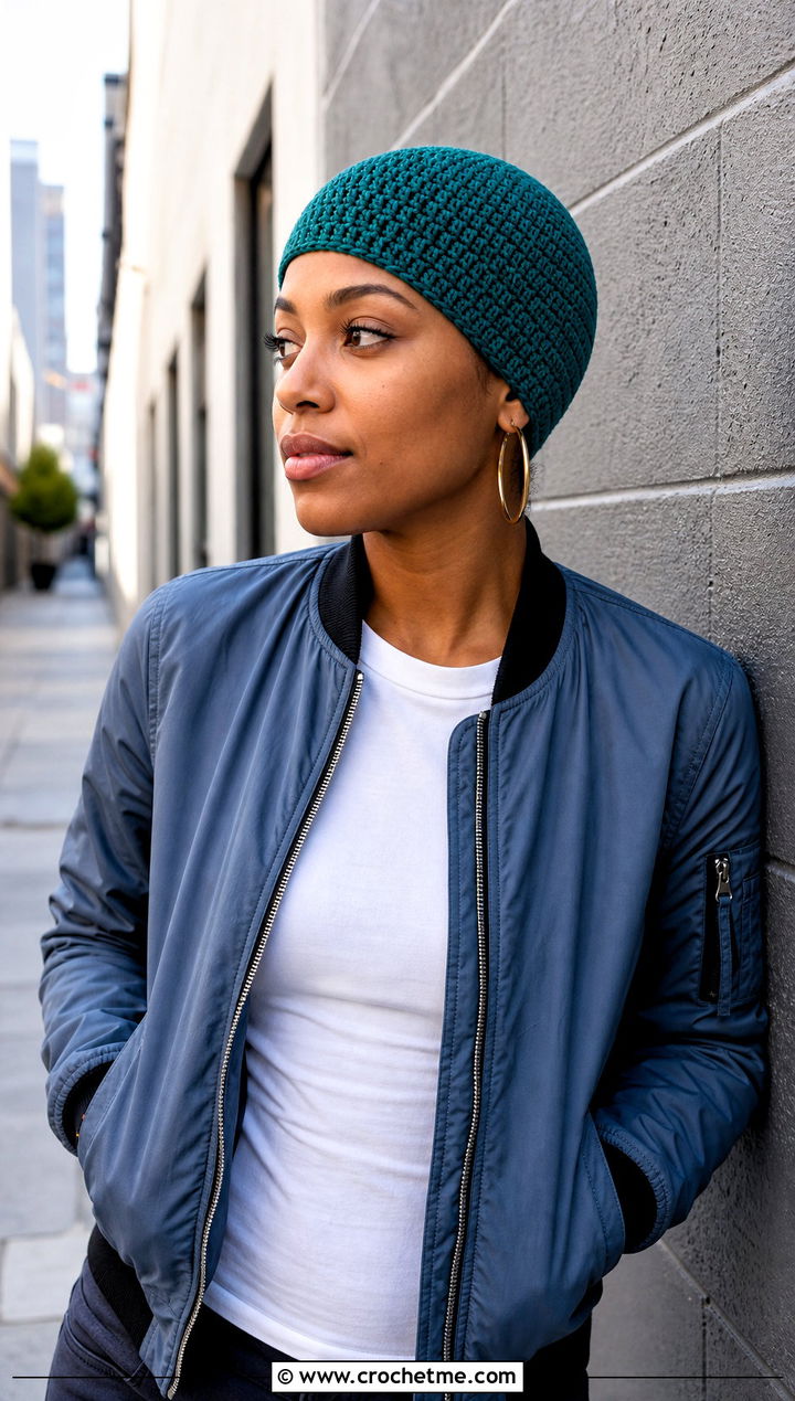 Fitted Crochet Skull Cap With Bomber Jacket - 25 Fall Crochet Beanie outfit ideas