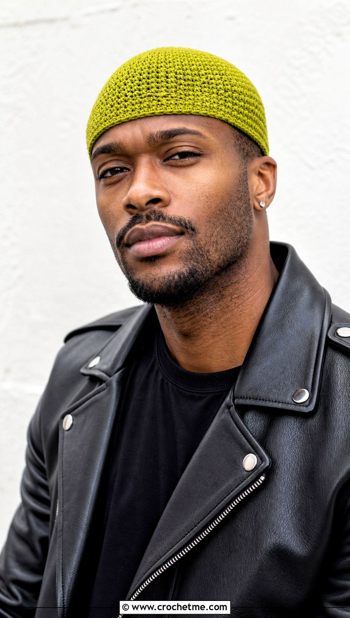Fitted Crochet Skull Cap With Leather Jacket - 25 crocheted mens hats outfit ideas