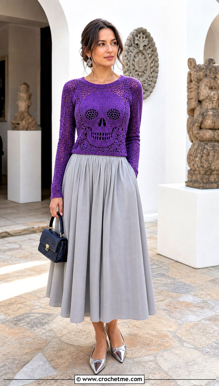 Fitted Crochet Skull Sweater With Full Midi Skirt - 35 crochet skull sweater outfit ideas