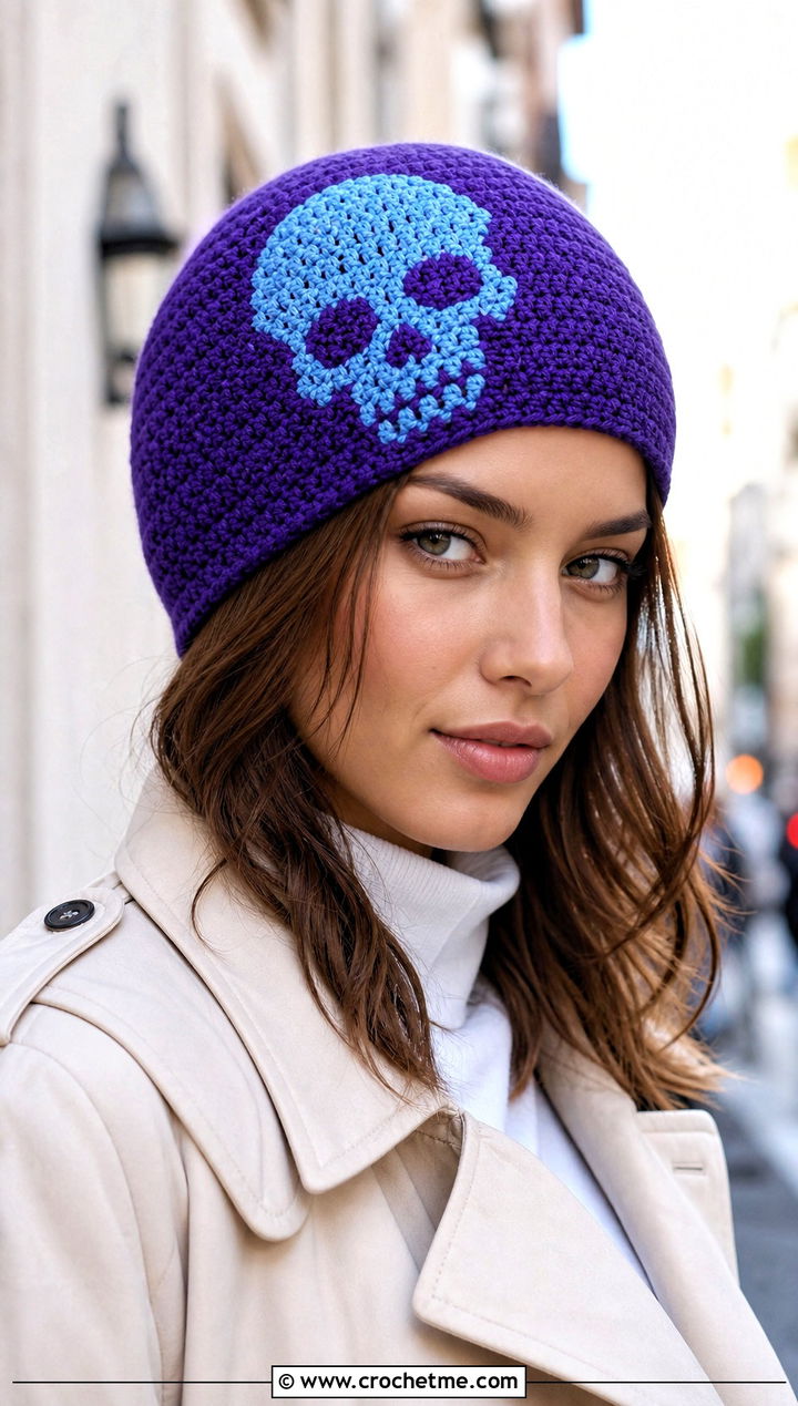 Fitted Crochet Skullcap Beanie With Trench Coat - 30 crochet skull beanie outfit ideas