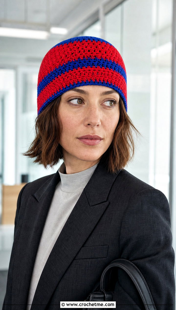 Fitted Crochet Skullcap Beanie With Trouser Suit - 30 two color crochet beanie outfit ideas