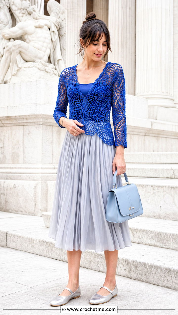Fitted Crochet Spider Web Cardigan With Pleated Midi Skirt - 25 Crochet Spider Web Cardigan outfit ideas