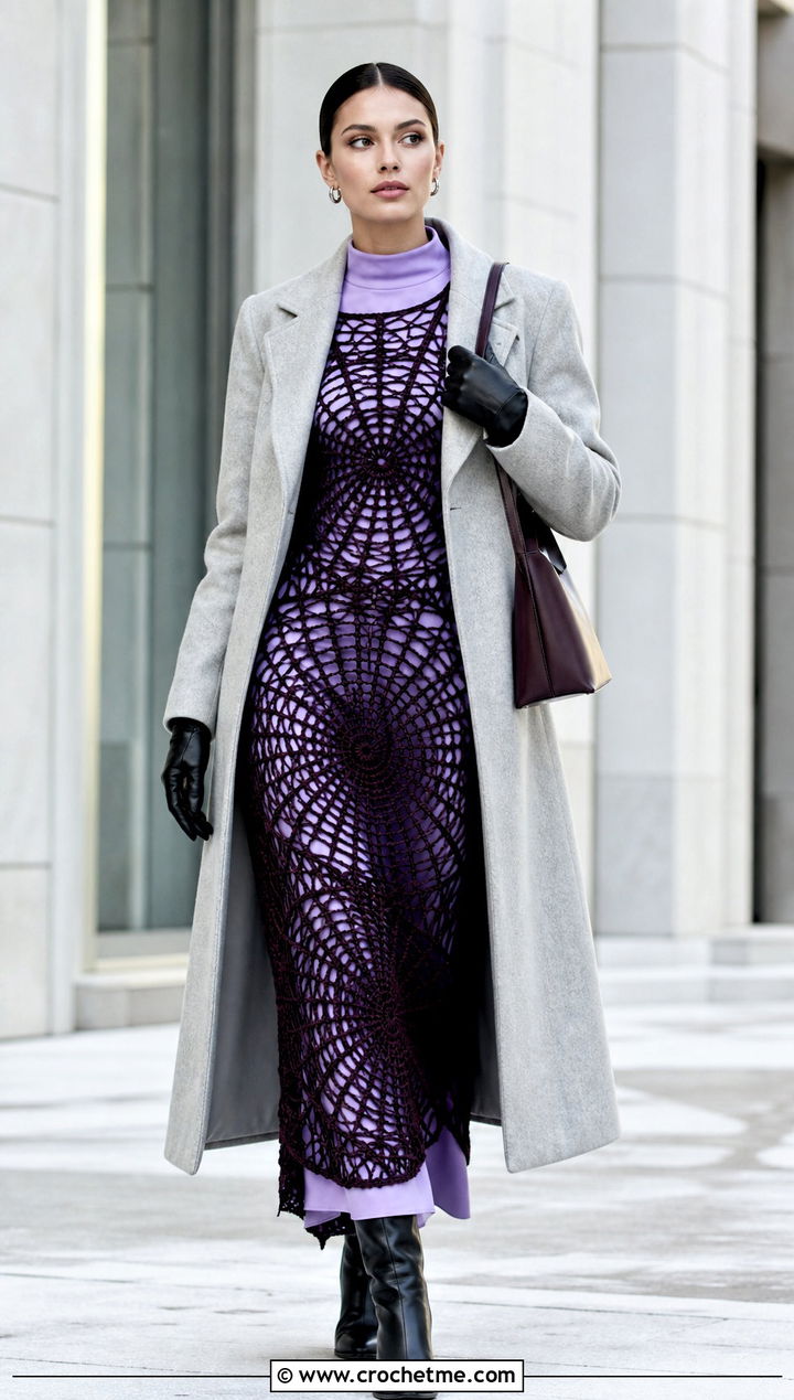 Fitted Crochet Spider Web Maxi Dress With Long Coat - 30 crochet spider web dress outfit ideas