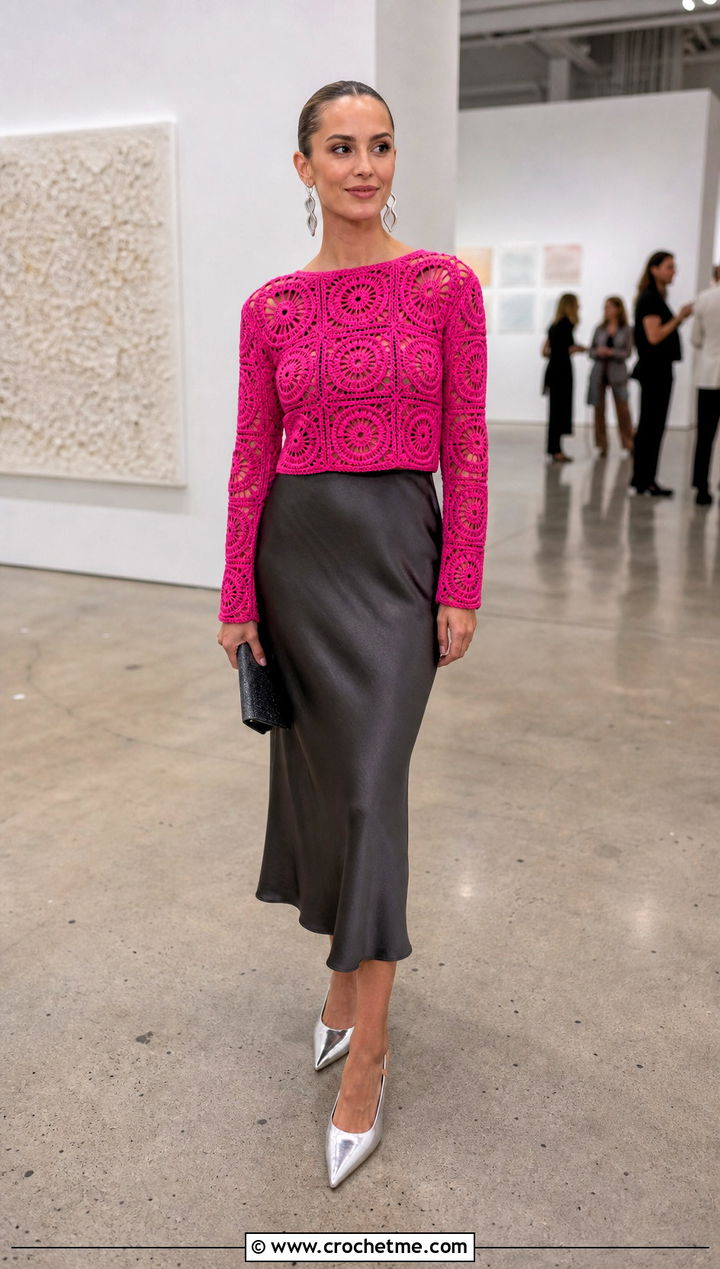 Fitted Crochet Square Pullover With Satin Midi Skirt - 35 Crochet Square Sweater outfit ideas