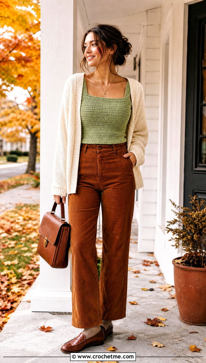 Fitted Crochet Square Tank Top With Corduroy Pants - 25 Crochet Square Tank Top outfit ideas