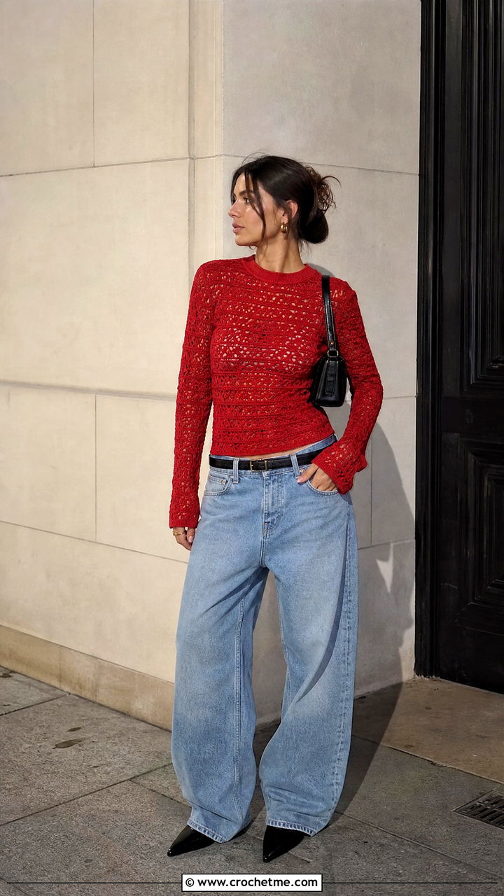 Fitted Crochet Sweater With Baggy Jeans - 35 crochet sweaters women outfit ideas