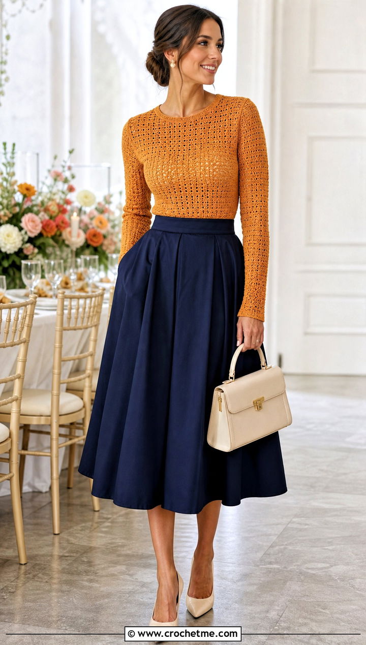 Fitted Crochet Sweater With Full Midi Skirt - 25 Basic Crochet Sweater outfit ideas