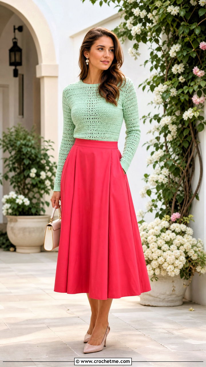 Fitted Crochet Sweater With Full Midi Skirt - 35 easy crochet sweater outfit ideas