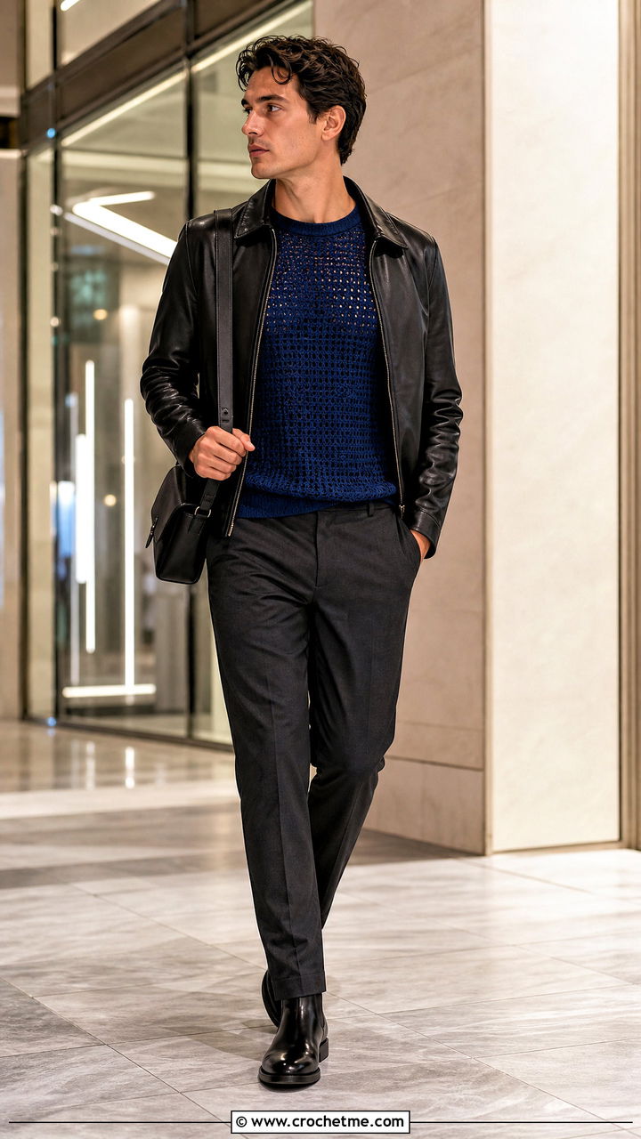 Fitted Crochet Sweater With Leather Jacket - 35 men crochet sweater outfit ideas