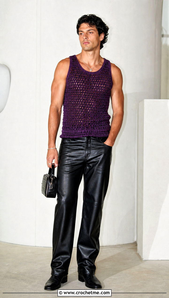 Fitted Crochet Tank Top With Leather Pants - 25 crochet mens tank top outfit ideas