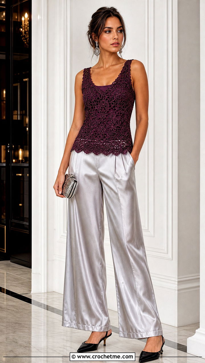 Fitted Crochet Tank Vest With Palazzo Pants - 15 Crochet Fall Vest outfit ideas