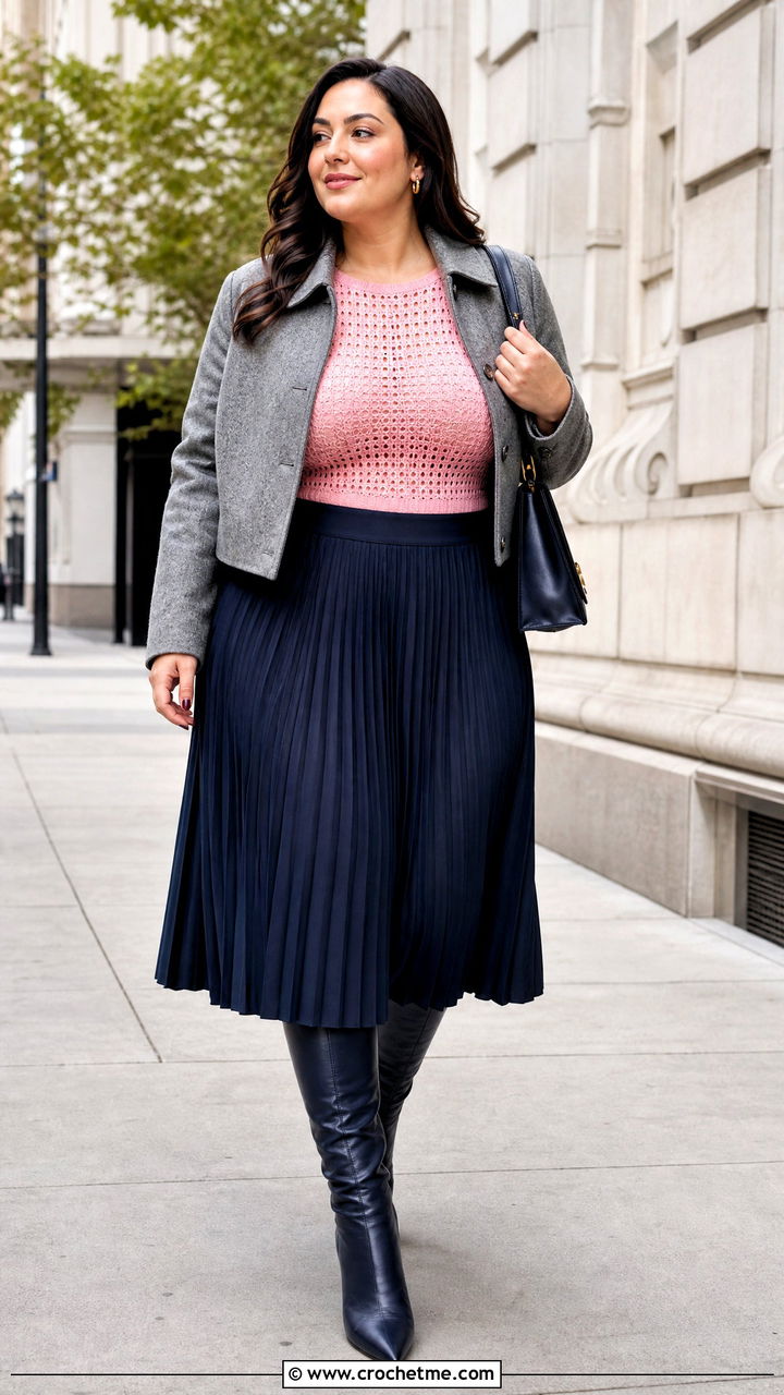 Fitted Crochet Tee With Pleated Midi Skirt - 35 crochet fall top outfit ideas
