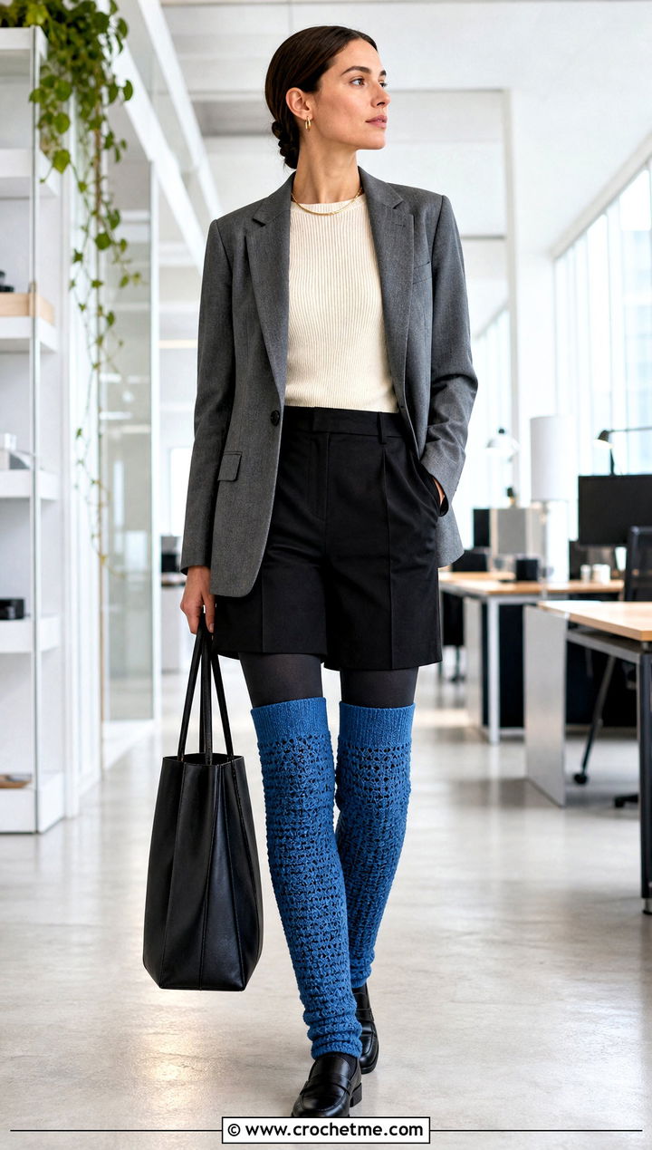 Fitted Crochet Thigh High Leg Warmers With Blazer And Shorts - 25 Crochet Thigh High Leg Warmers outfit ideas