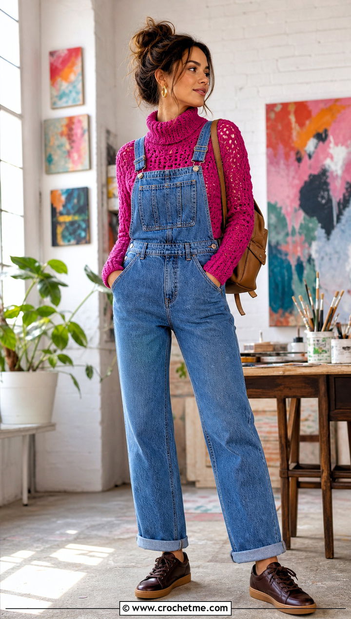 Fitted Crochet Turtle Neck Sweater Under Denim Overalls - 35 crochet turtle neck sweater outfit ideas
