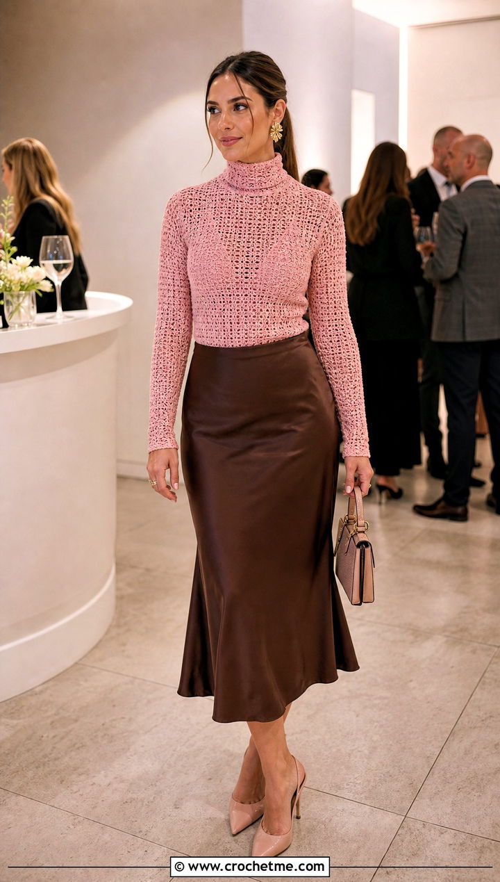 Fitted Crochet Turtleneck Top With Satin Slip Skirt - 30 crochet turtleneck top outfit ideas