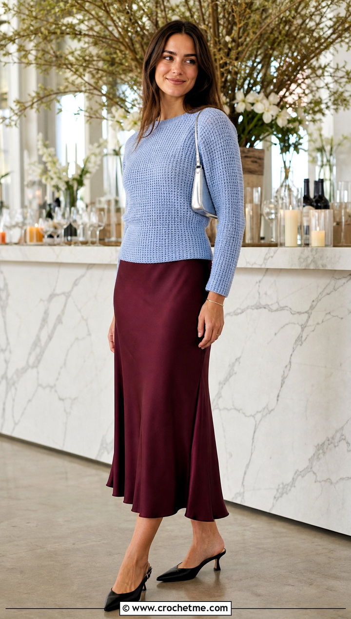 Fitted Crochet Waffle Sweater With Bias Cut Midi Skirt - 15 Crochet Waffle Sweater outfit ideas