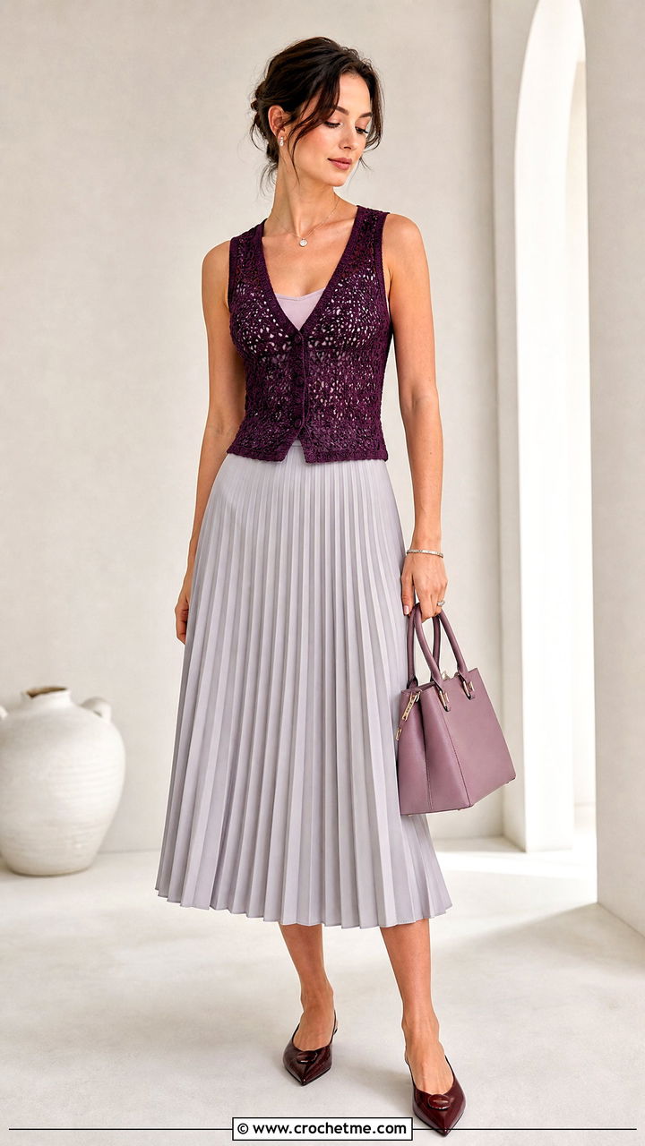 Fitted Crochet Waistcoat With Pleated Midi Skirt - 35 crochet waistcoat outfit ideas