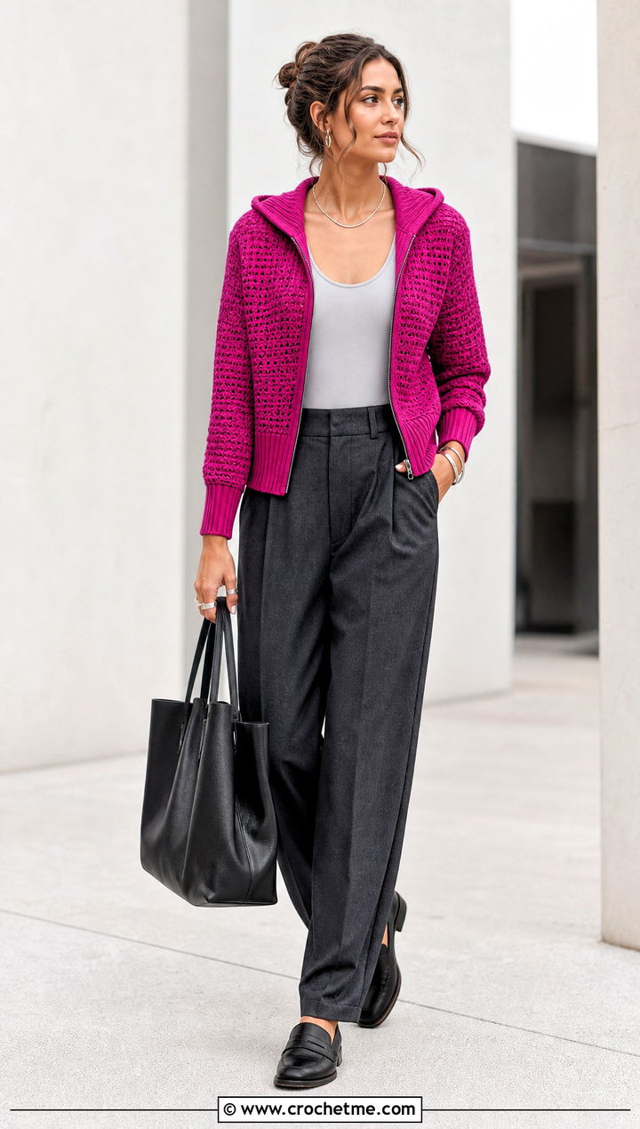 Fitted Crochet Zip Up Hoodie With Tailored Trousers - 30 crochet zip up hoodie outfit ideas