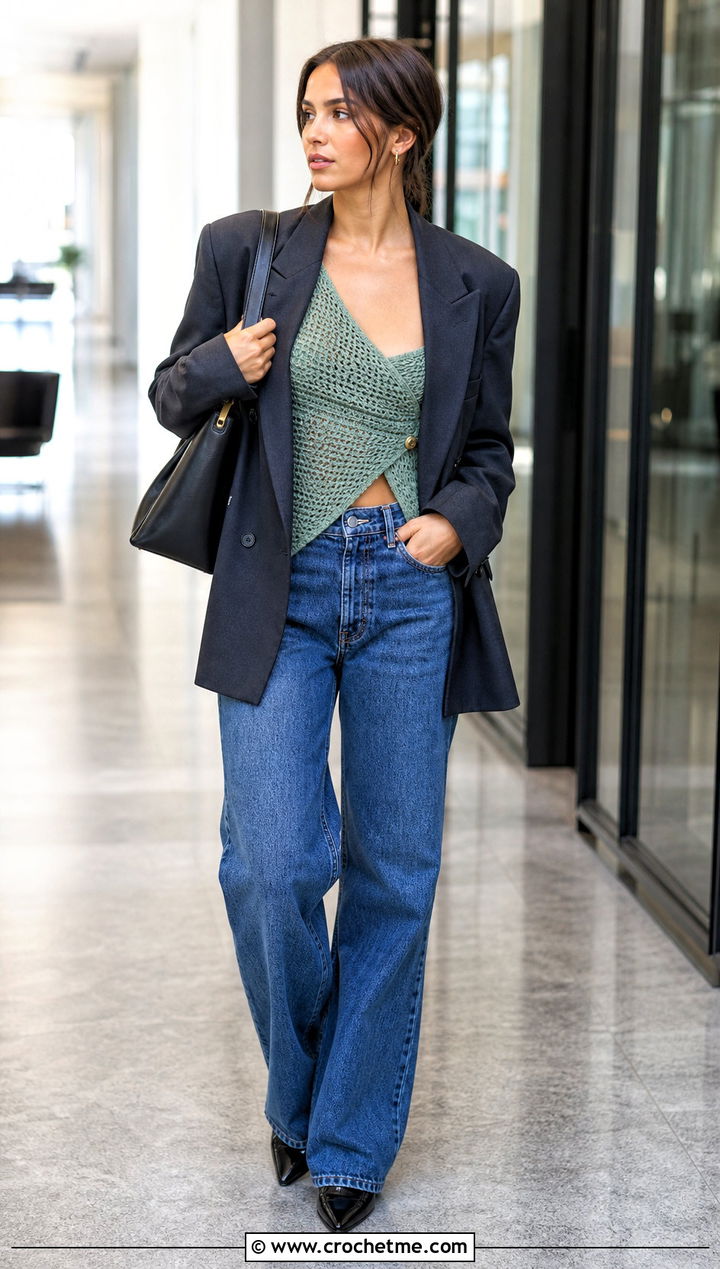 Fitted Crossover Crochet Cardigan With Blazer And Jeans - 30 crochet asymmetrical cardigan outfit ideas