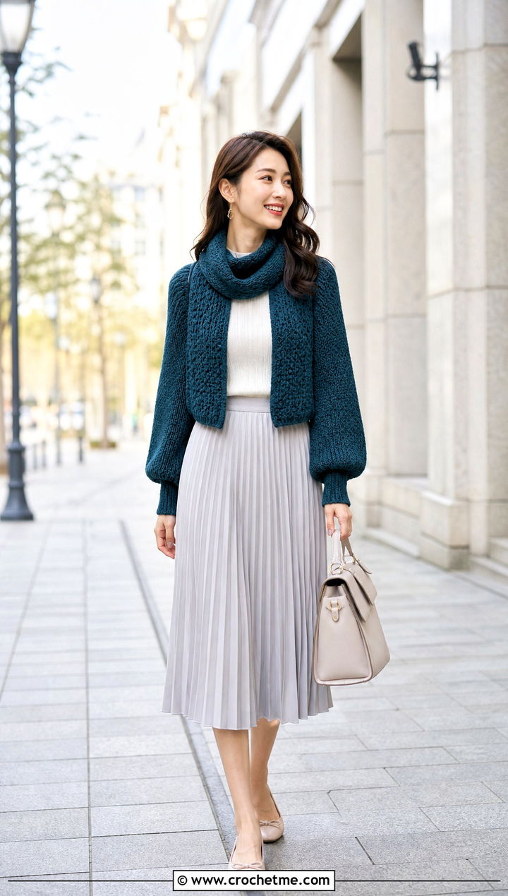 Fitted Cuff Crochet Sweater Scarf With Sleeves And Pleated Skirt - 25 crochet sweater scarf with sleeves outfit ideas