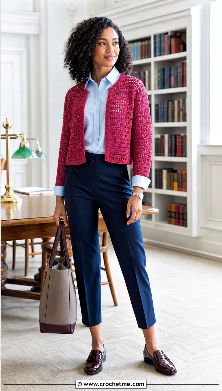 Fitted Cuff Rectangle Crochet Shrug With Button Down Shirt - 20 Rectangle Crochet Shrug outfit ideas