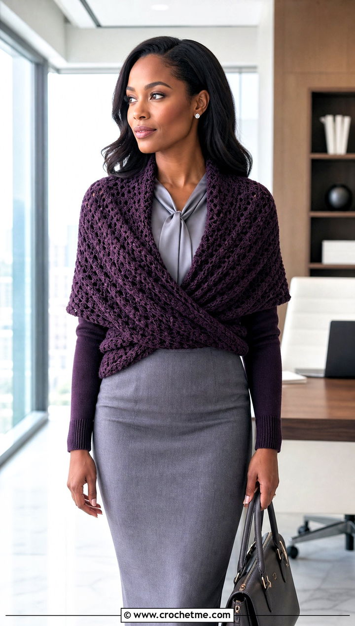 Fitted Cuff Scarf Wrap With Pencil Skirt - 20 crochet scarf with arms outfit ideas