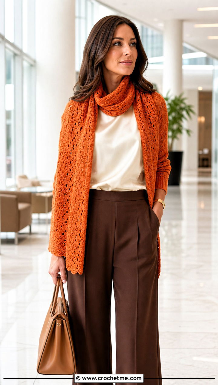 Fitted Cuff Sleeved Crochet Scarf With Wide Leg Trousers - 25 Sleeved Crochet Scarf outfit ideas
