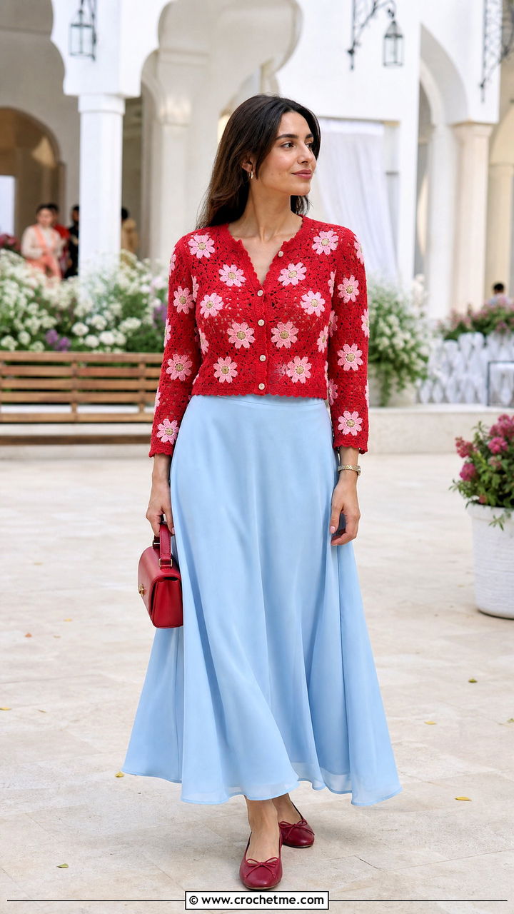 Fitted Daisy Cardigan With Full Maxi Skirt - 35 Crochet Daisy Cardigan outfit ideas